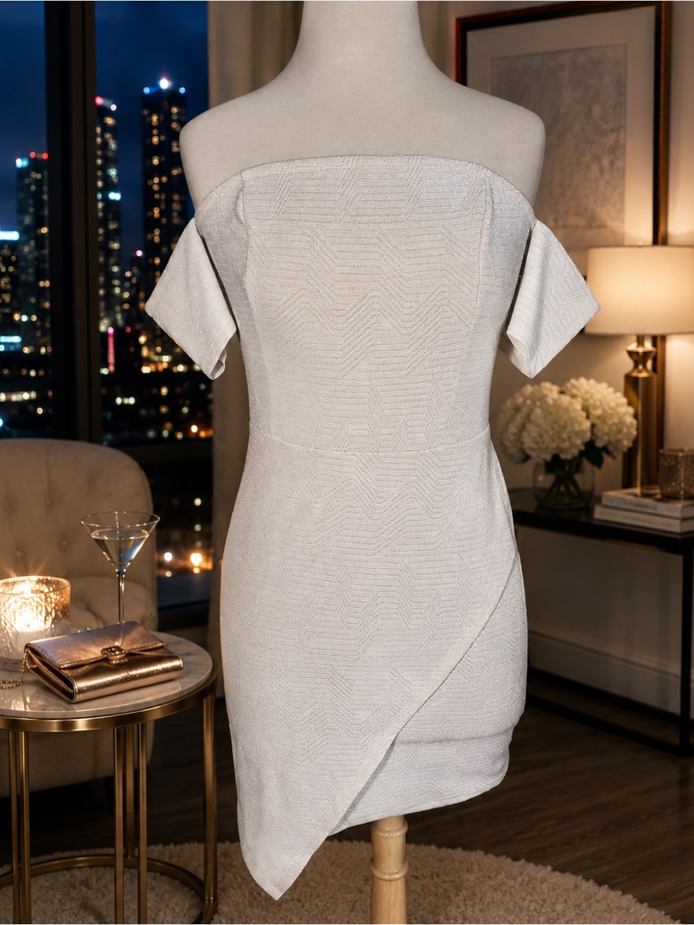 G by Guess Ivory Shimmer Off Shoulder Bodycon Dress Asymmetrical Hem NWT Size L
